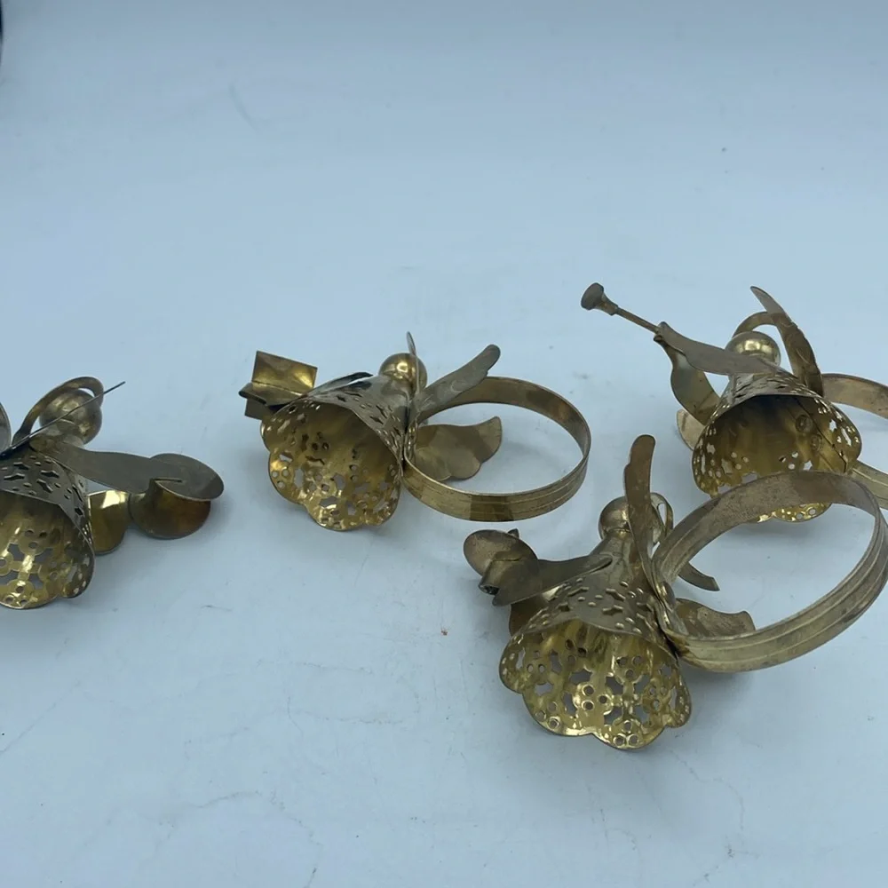 VTG set of 4 brass metal Angel w/ musical instruments napkin rings holders
